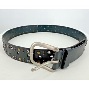 Black Leather Studded Grommet Belt Metal Buckle Genuine Leather  36"